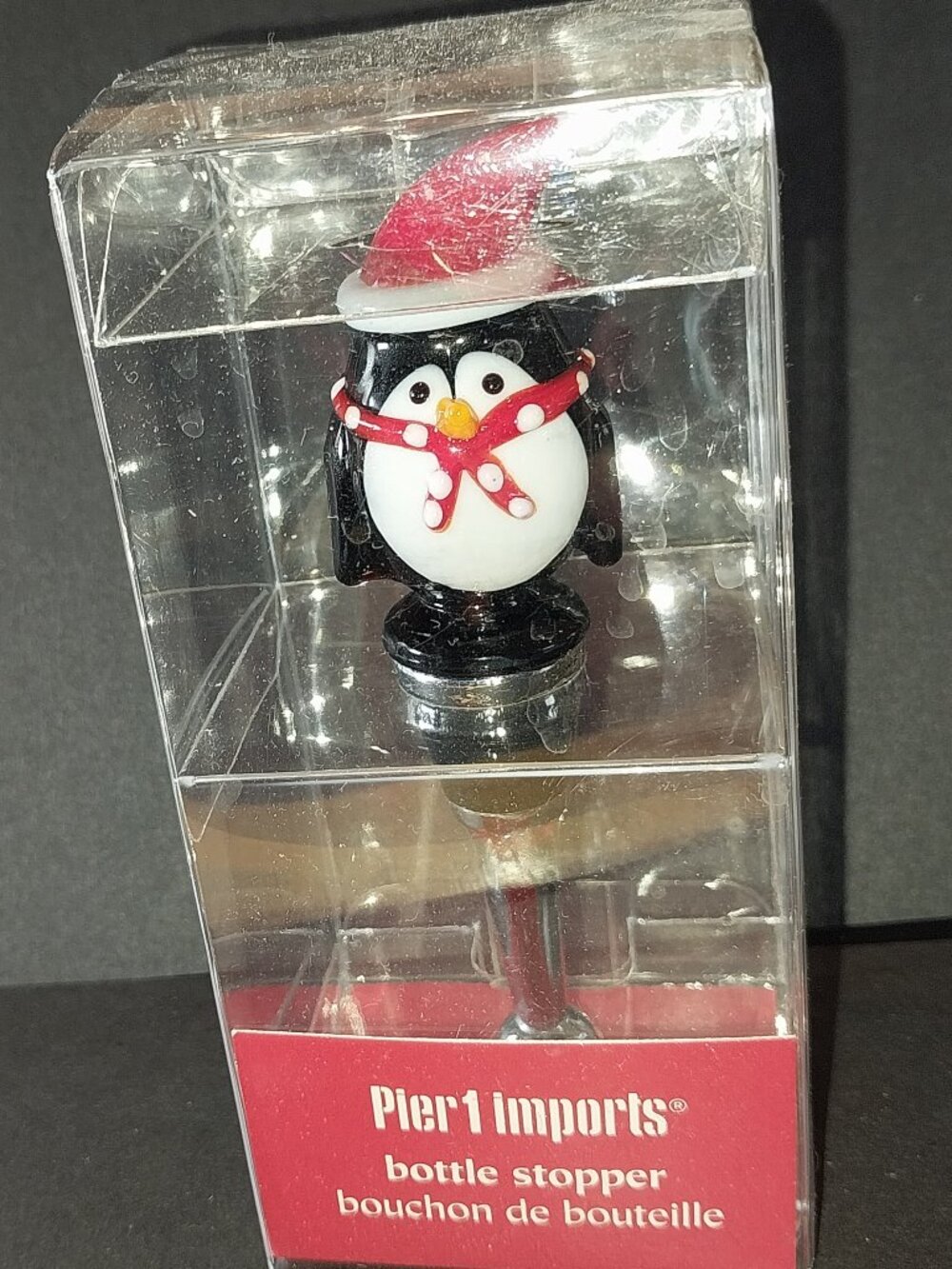 Pier 1 Imports Christmas Penguin Festive Art Glass Wine Bottle Stopper